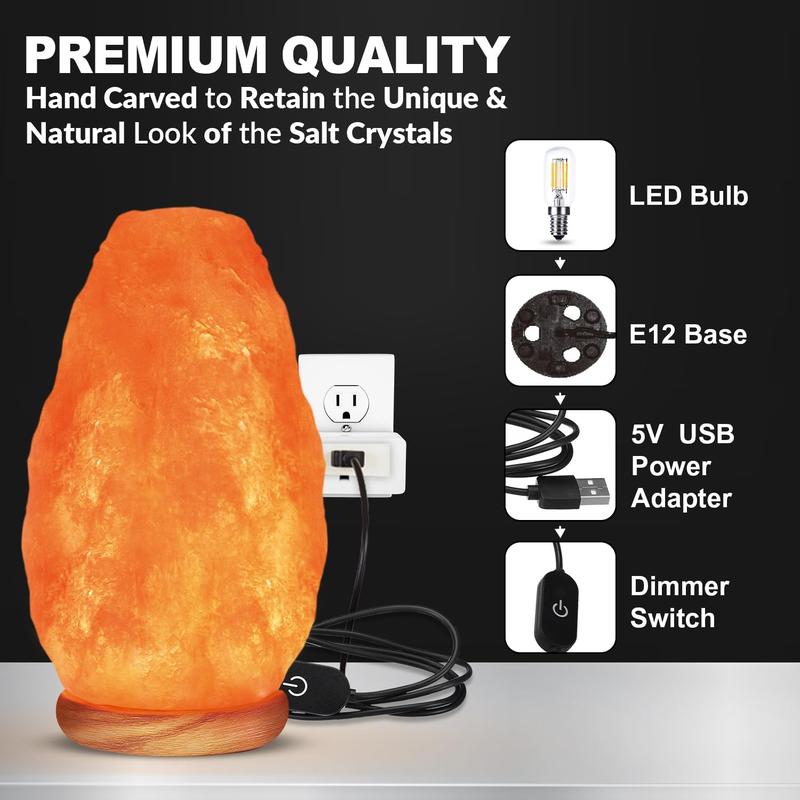 WBM USB Himalayan Salt Lamp with Touch Dimmer Control, Wooden Base, LED Bulb, 5-7lbs Cable Lights