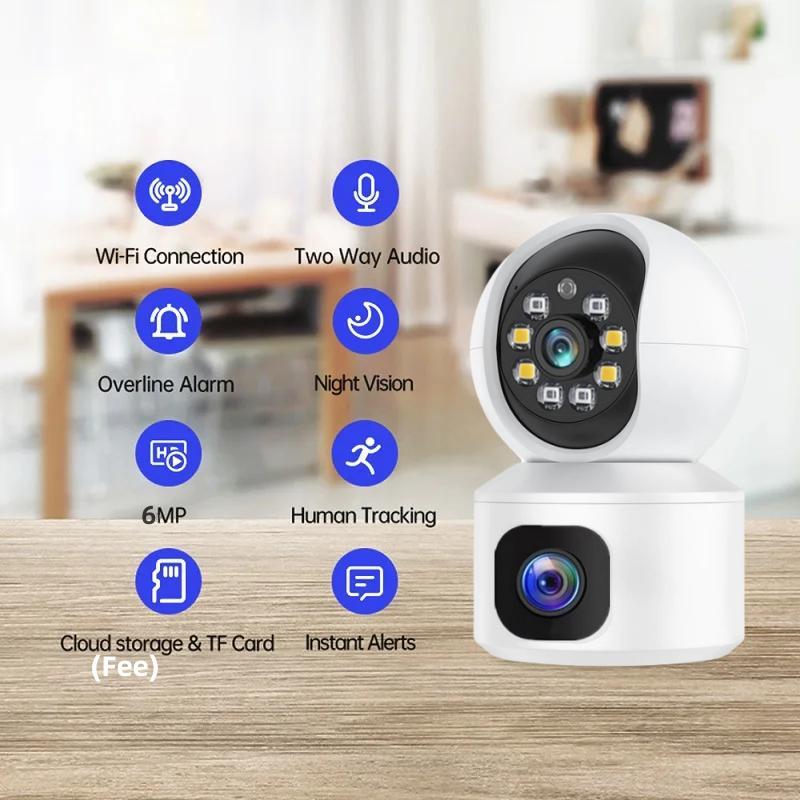 3K Indoor Camera, 2.4G WiFi Security Camera with Dual Lens, 360° HD Network Monitor with Two-way Talk, Motion-Detection, Color Night-Vision Camera