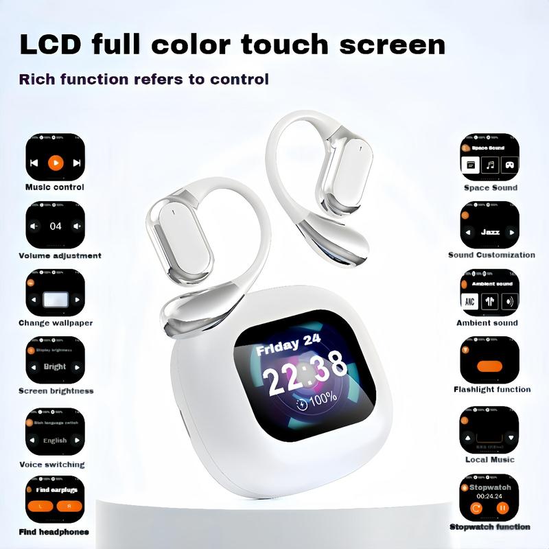 Wireless Earphone, 1 Count Open Ear Design Earbuds with Full Color Display Touch Screen, Low Latency 35-Hours Play Time Headset with Built-in Mic