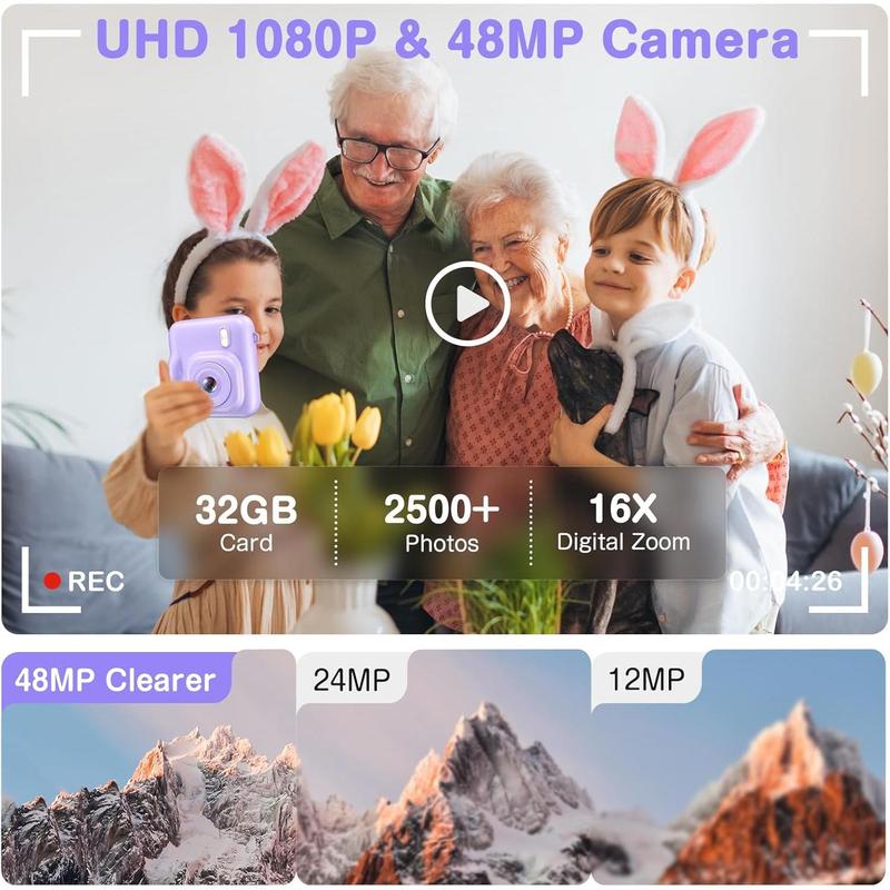 Camera Instant Print, Dual-Lens 48MP Digital Camera for Christmas Birthday Gifts, 1080P Selfie Instant Cameras for  with 32GB Card, Instant Print Digital Camera for Girls Boys-Purple