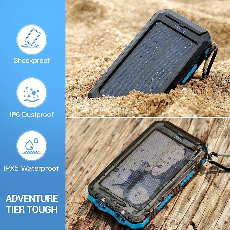 10000mAh Solar Charger Power Bank, 1 2 Counts Dual USB Output Port Waterproof Power Bank Charger with LED Light, Mobile Charger for iPhone & Android Phone