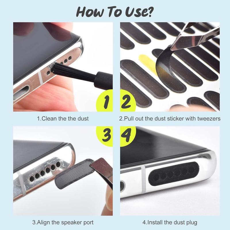 120 count Phone Speaker Cover Phone Speaker  Stickers Phone Speaker Dust Protector Cover Anti Dust Sticker Speaker Dust-Proof Cover Kit with Cleaning Brush & Tweezer