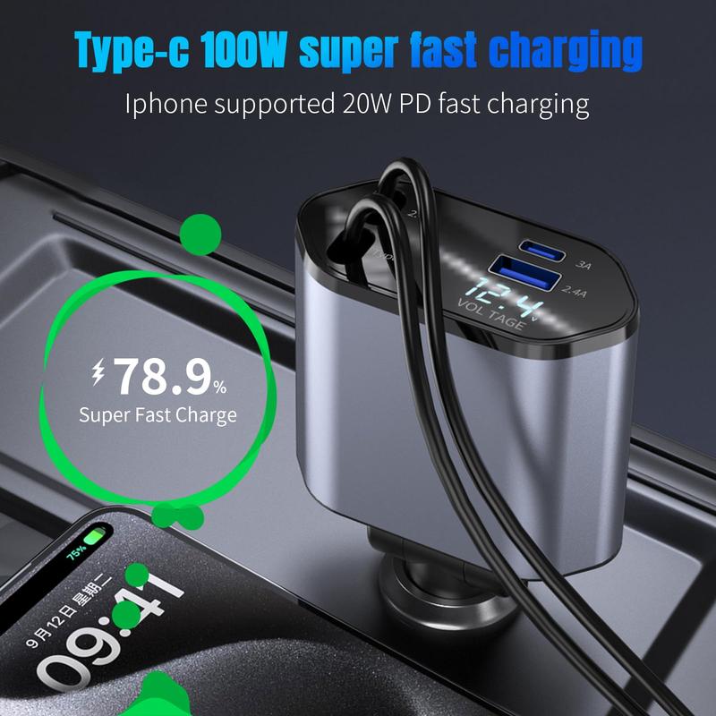 4 in 1 Retractable Car Charger, USB C Fast Charging cable[Max66W] with Lightning Cable&Dual Charge Port Compatible with iPhone 15 14 13 12 11 Pro Max Plus iPad AirPods, Samsung Galaxy S23 S22 S10,Google Pixel, Smartphone Cellphone