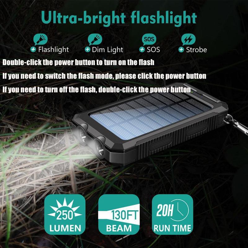 10000mAh Solar Charger Power Bank, 1 2 Counts Dual USB Output Port Waterproof Power Bank Charger with LED Light, Mobile Charger for iPhone & Android Phone