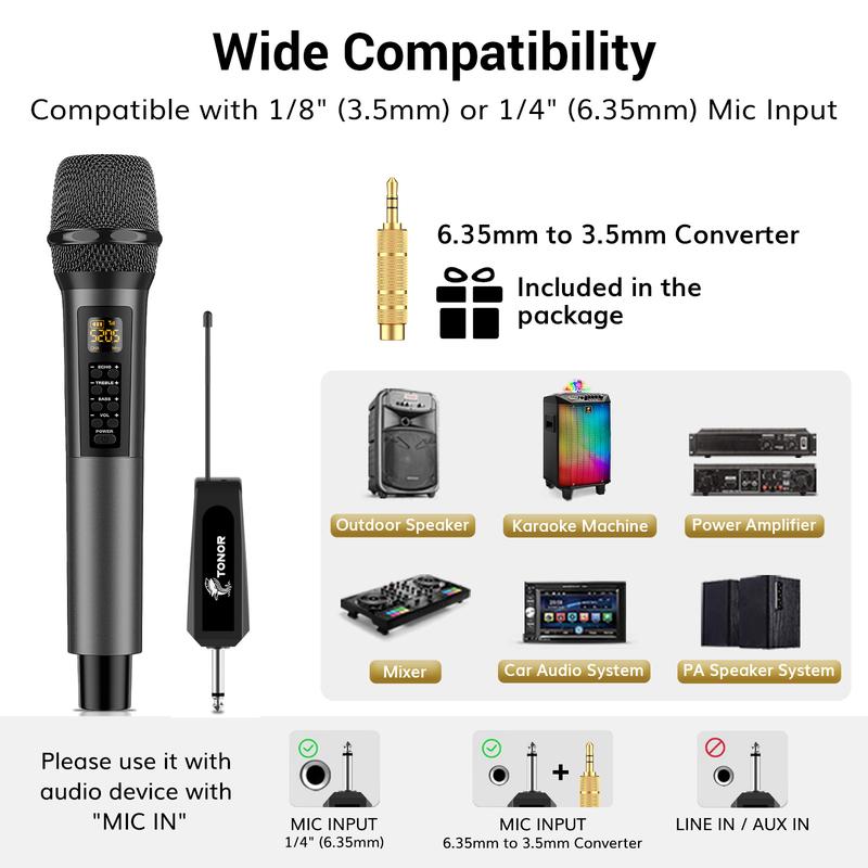 TONOR Wireless Microphone with Treble Bass Echo, Dynamic Handheld Singing Mic with Receiver for Stage Wedding Karaoke Machine PA System Speaker Amp Mixer, 30 UHF Adjustable Frequencies