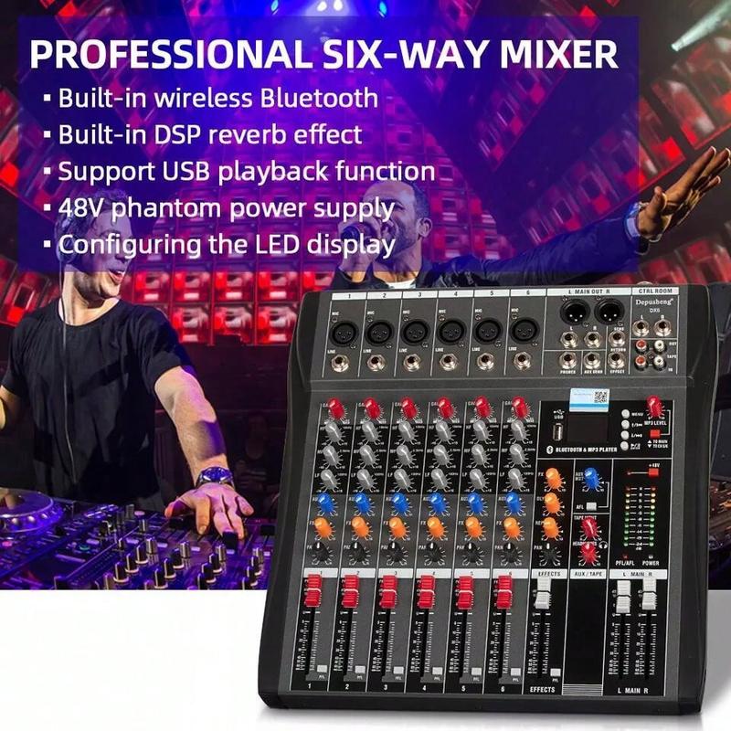 6 Channel Audio Mixer Sound Mixing Console With USB, PC Recording Input, XLR Microphone Jack, 48V Power, RCA Input Output For DJ Studio Streaming Stage Perfomance For Professional And Beginners