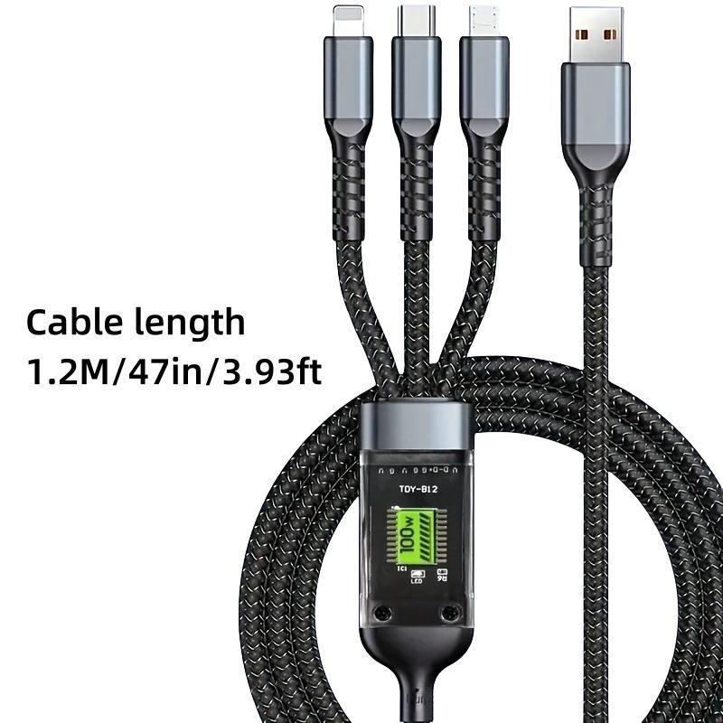 3-in-1 Digital Display Charging Cable, 1.2m USB-C Charging Cable, High-power Charging Cable for Samsung Galaxy, Xiaomi, Macbook, iPad, iPhone