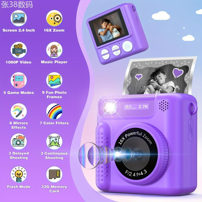 Kids Camera Instant Print, 12MP 1080P Digital Camera for Kids Age 3-12, Christmas Birthday Gifts for 4 5 6 7 8 9 10 Year Old Girls Boys, 32GB Toddler HD Video Camera Print Photos Portable Toy Charging Rechargeable