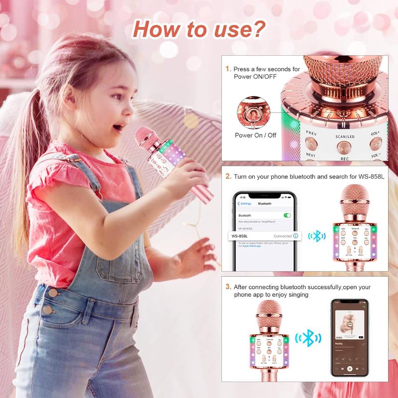 Microphone Kids Karaoke Microphone for Singing, 5 in 1 Bluetooth Microphone with LED Lights Karaoke Machine Portable Mic Speaker Player Recorder for Home Party Birthday (Pink)