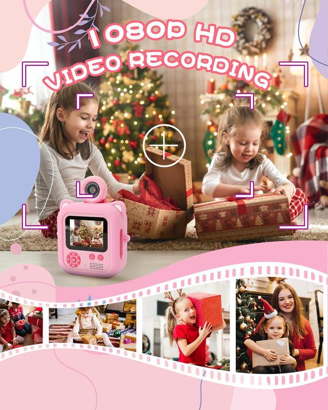 Kids Camera Instant Print, Inkless Instant Camera for Kids with 32G TF card &5 Rolls Print Paper,48MP Selfie Digital Video Camera for Toddler Kids, Christmas Birthday Gifts for Girl Boy Age 3-12(Pink) Colorful Film Lens Memory