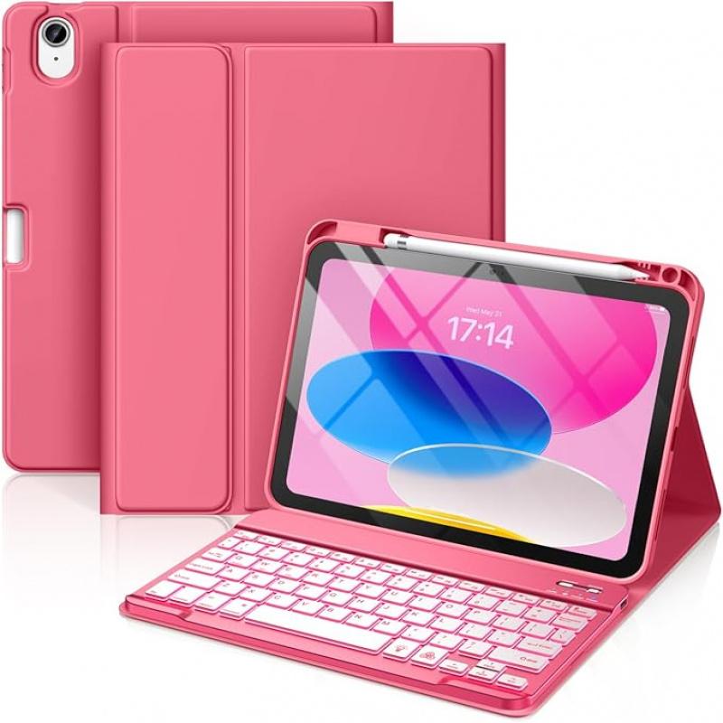 iPad 10th Generation Case with Keyboard 10.9 Inch - 7 Colors Backlit Wireless Detachable Folio Keyboard Cover with Pencil Holder for New iPad 10th Gen 2022 (Pink) Accessories Android