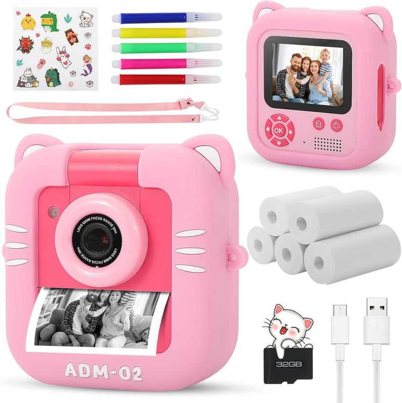 Kids Camera Instant Print, Inkless Instant Camera for Kids with 32G TF card &5 Rolls Print Paper,48MP Selfie Digital Video Camera for Toddler Kids, Christmas Birthday Gifts for Girl Boy Age 3-12(Pink) Colorful Film Lens Memory