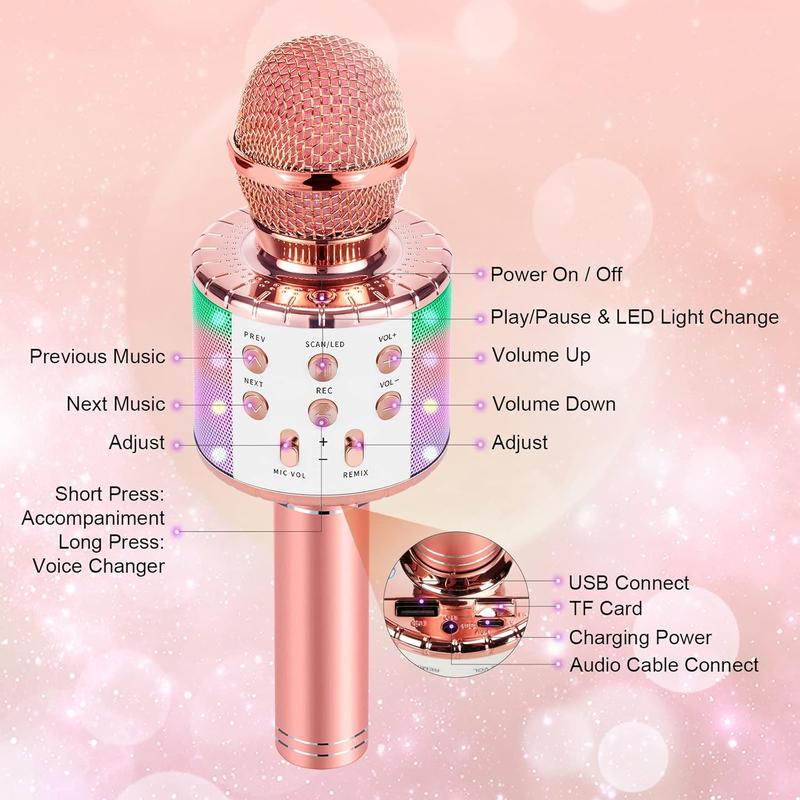 Microphone Kids Karaoke Microphone for Singing, 5 in 1 Bluetooth Microphone with LED Lights Karaoke Machine Portable Mic Speaker Player Recorder for Home Party Birthday (Pink)