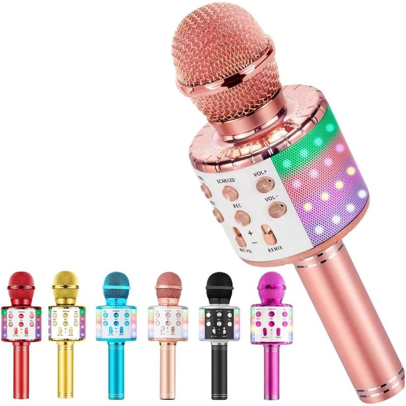 Microphone Kids Karaoke Microphone for Singing, 5 in 1 Bluetooth Microphone with LED Lights Karaoke Machine Portable Mic Speaker Player Recorder for Home Party Birthday (Pink)