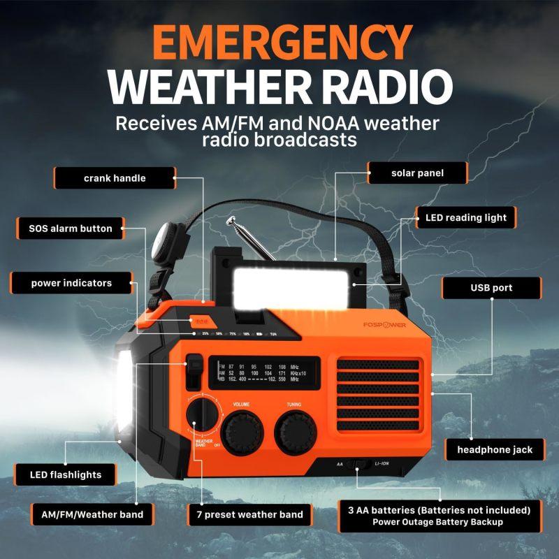 Emergency Weather Radio (Model A6) NOAA AM FM with 18500mWh Portable Power Bank, USB Solar Hand Crank Charging, Battery Operated, SOS Alarm & Flashlight for Indoor Outdoor Emergency