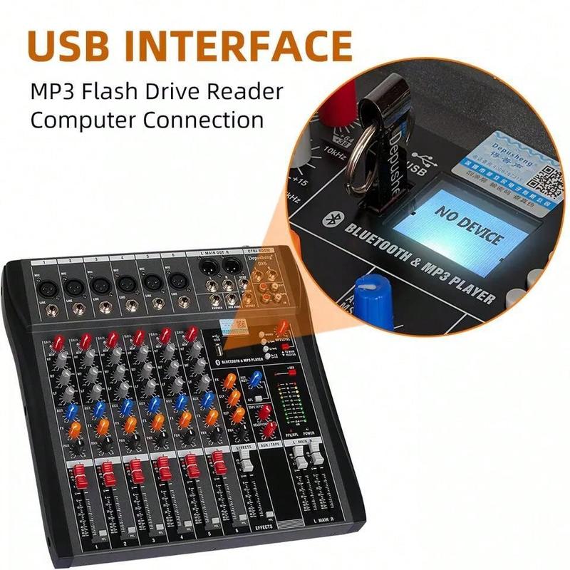 6 Channel Audio Mixer Sound Mixing Console With USB, PC Recording Input, XLR Microphone Jack, 48V Power, RCA Input Output For DJ Studio Streaming Stage Perfomance For Professional And Beginners