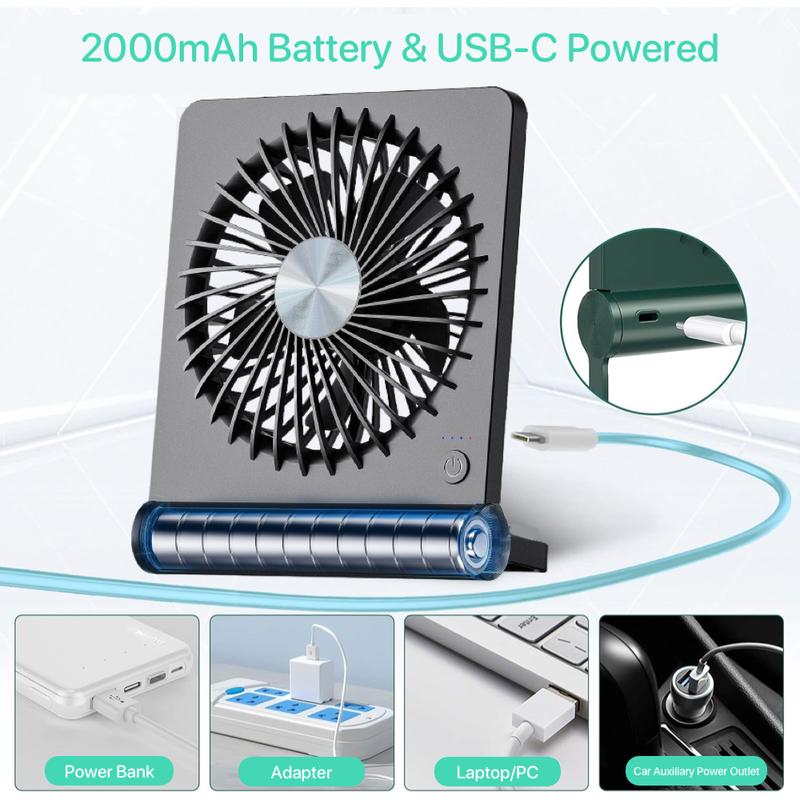 RoomGoodies Mini Desk Fan with Strong Airflow 220°Tilt Folding Portable Rechargeable 3 Speed Adjustable Ultra Quiet USB Fan for Office Bedroom Outdoor