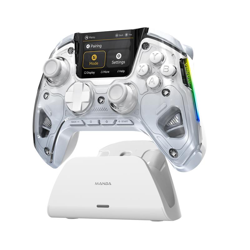 (No Drift) ManbaOne Interactive Screen Wireless Gaming Controller for Switch PC iOS Android,Hall Effect Stick & Trigger,RGB Lighting,Remappable Buttons,1800mAh with Charging Dock (White)