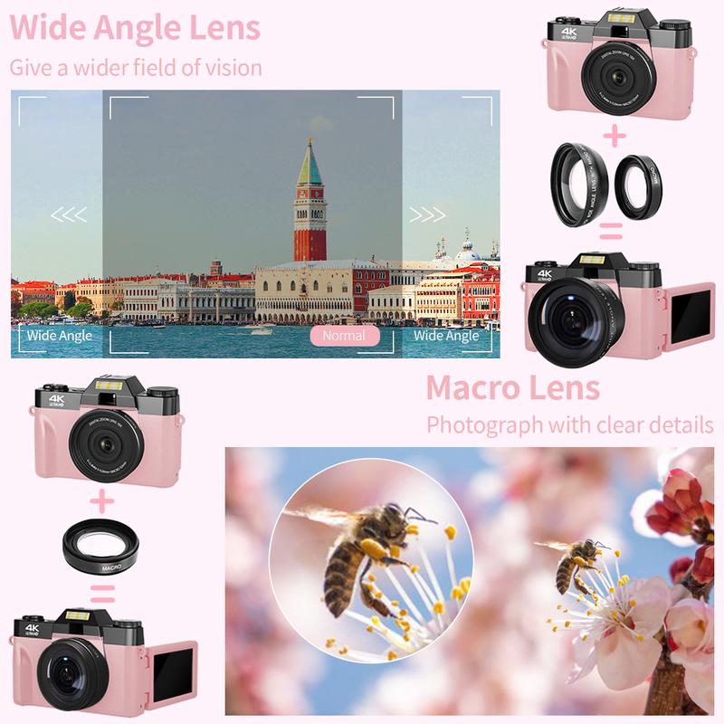 4K Digital Cameras for Photography, 56MP Affordable Vlogging Camera with WiFi, 3-inch 180-degree Flip Screen, 16X Digital Zoom Students Compact Camera with 52mm Wide-Angle Lens & Macro Lens, 32G Micro SD Card, Perfect Gifts for Christmas