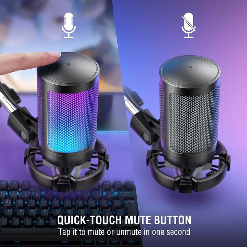 Gaming USB Microphone Set for PC, Condenser Mic with RGB Light & Hanging Arm Stand, Pop Filter, Shock Mount, Noise Cancellation, Mute, Gain, Monitoring, for Streaming, Podcast, Twitch, YouTube, Discord, PC, Computer, PS4, PS5, Mac, GamerWave