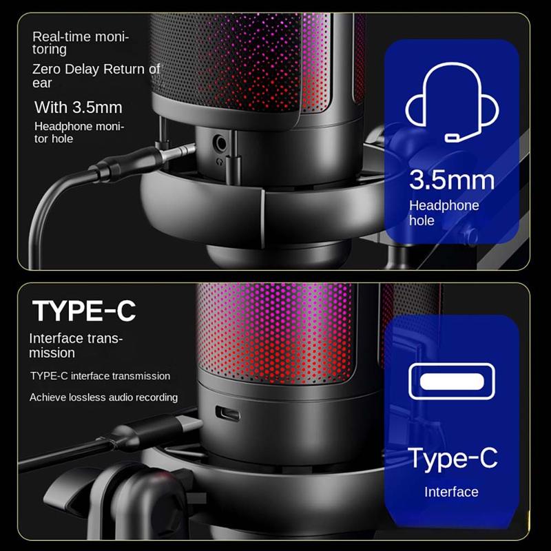 Gaming USB Microphone Set for PC, Condenser Mic with RGB Light & Hanging Arm Stand, Pop Filter, Shock Mount, Noise Cancellation, Mute, Gain, Monitoring, for Streaming, Podcast, Twitch, YouTube, Discord, PC, Computer, PS4, PS5, Mac, GamerWave