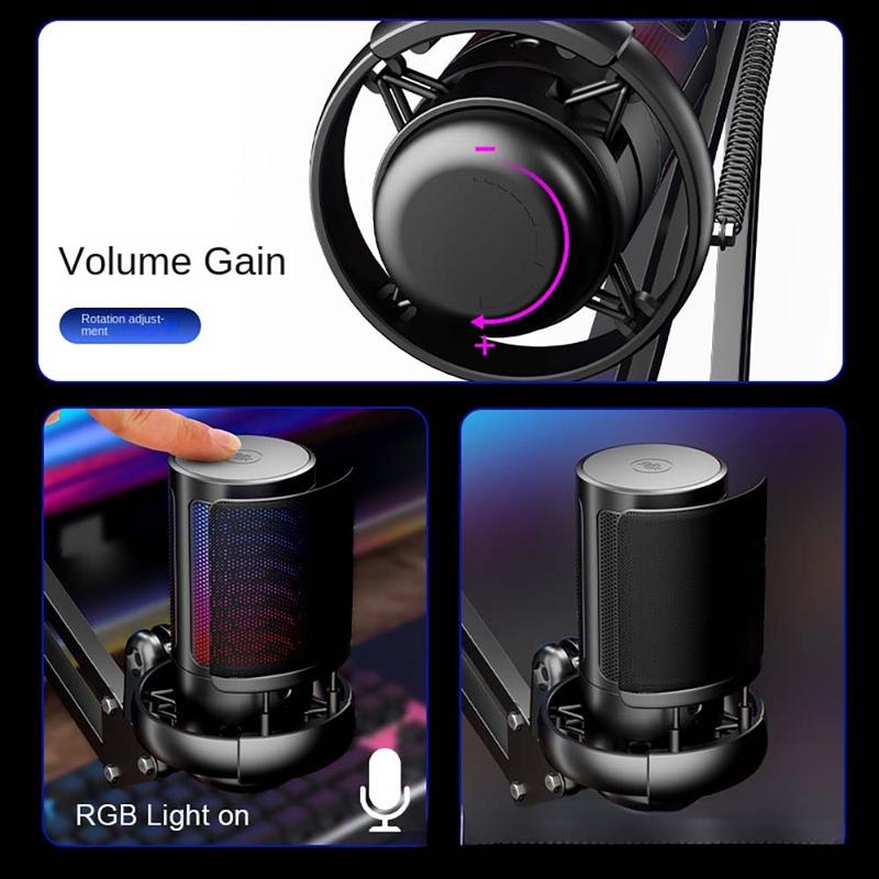 Gaming USB Microphone Set for PC, Condenser Mic with RGB Light & Hanging Arm Stand, Pop Filter, Shock Mount, Noise Cancellation, Mute, Gain, Monitoring, for Streaming, Podcast, Twitch, YouTube, Discord, PC, Computer, PS4, PS5, Mac, GamerWave