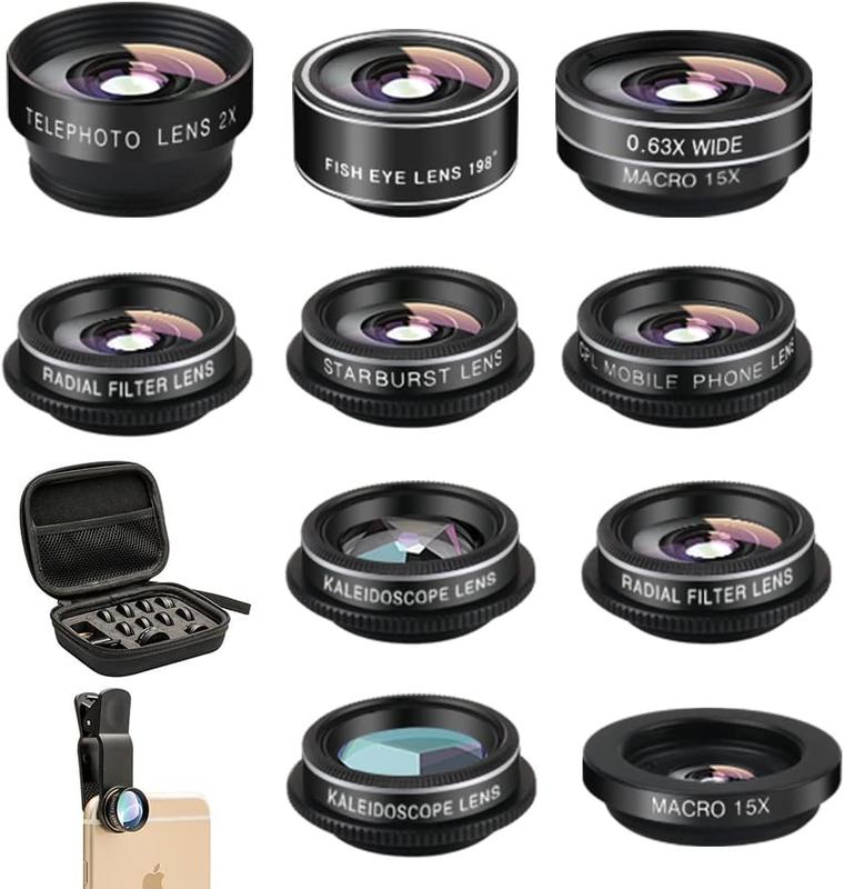 Phone Camera Lens (11 Lenses) Phone Lens Kit, Clip on Fisheye Macro Wide Angle Lens Attachment with Travel Case for  14 13 12 11 Xs X Pro Max  Android Smartphone