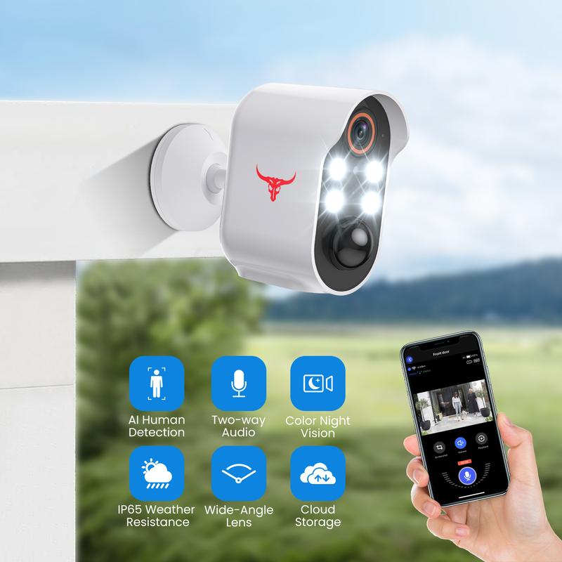 Wireless Outdoor Security Camera, AI Human Detection, Color Night Vision, 2.4GHz Wi-Fi Only, Two-Way Communication, HD Live Image, Instant Alert, IP65 Weather-Resistant, Four Spotlights, Cloud Storage