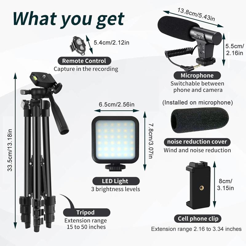 Vlog Shooting Kit for iPhone, 1 Set Phone & Camera Vlogging Kit with LED Lights for Fall, Selfie Stick Tripod & Selfie Light & Phone Clip with Microphone, Adjustable Smartphone Accessories, Summer Outing Essentials 2024, Stocking Fillers Gift