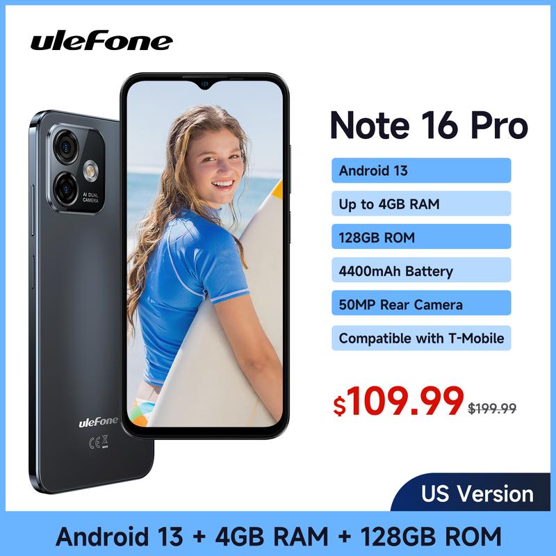 Ulefone Note 16 Pro -Unlocked Mobile Smartphone，US Version-Black Cellphone,4400mAh Battery,50MP AI Camera,12GB (4GB+8Virtual)+ 128GB, 8-Core, 6.52