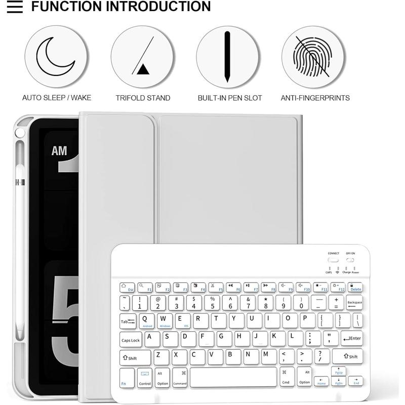 for iPad 10th Generation Case with Keyboard 10.9 inch 2022, Detachable Wireless Bluetooth iPad Keyboard Case Thin & Light with-in Left Side Pencil Holder, White Square Keycaps (Gray