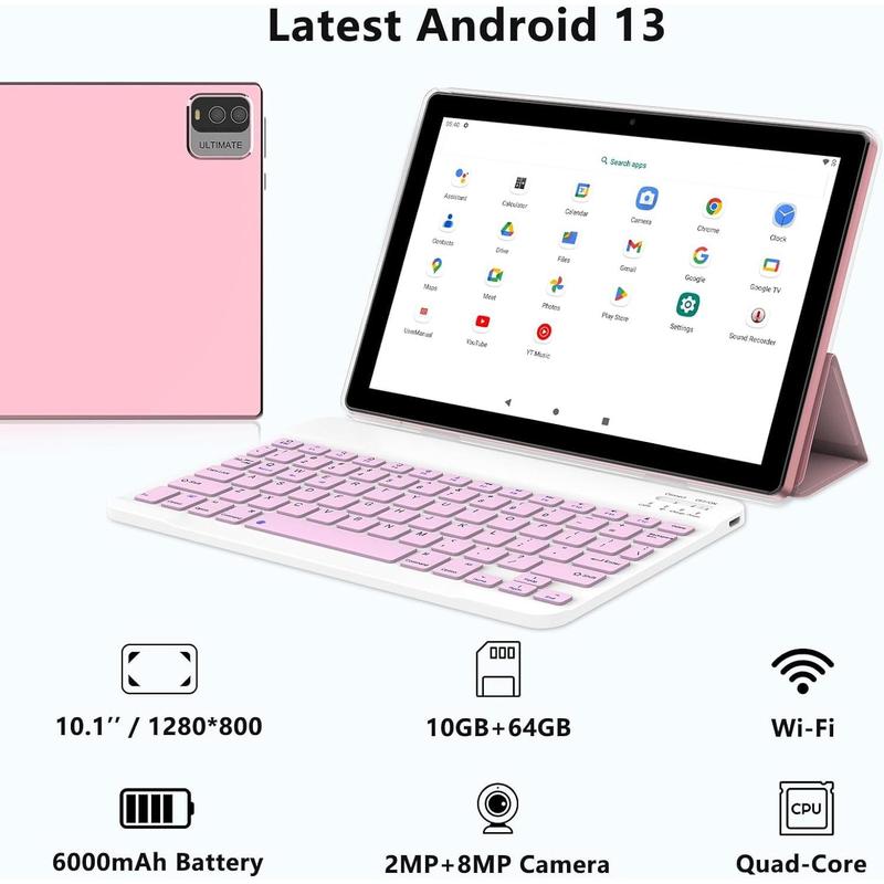 Android 13 Tablet, 10.1 inch 10GB RAM+64GB ROM Tablet, 2 in 1 Tablets with Keyboard Case Mouse Stylus, 1.8GHz Quad-core Processor, 1280*800 HD Touch Screen, 8MP Camera, 2.4G 5G Wi-Fi 6, BT Tableta PC unlocked smartphone