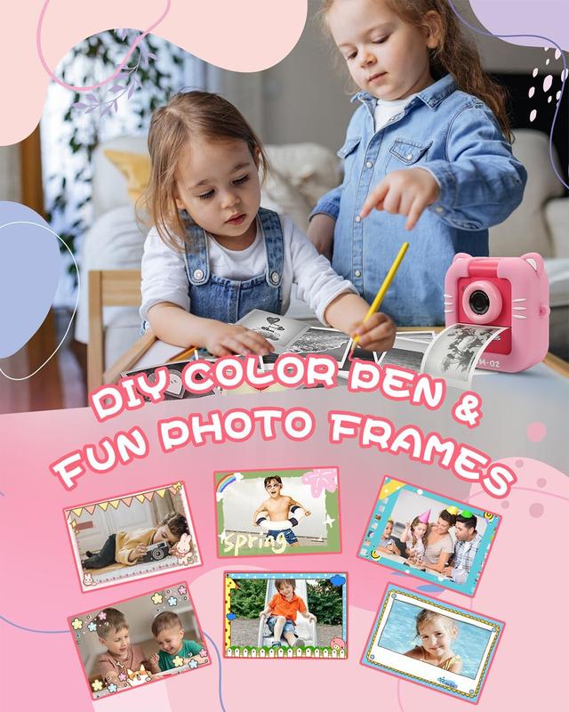 Kids Camera Instant Print, Inkless Instant Camera for Kids with 32G TF card &5 Rolls Print Paper,48MP Selfie Digital Video Camera for Toddler Kids, Christmas Birthday Gifts for Girl Boy Age 3-12(Pink) Colorful Film Lens Memory