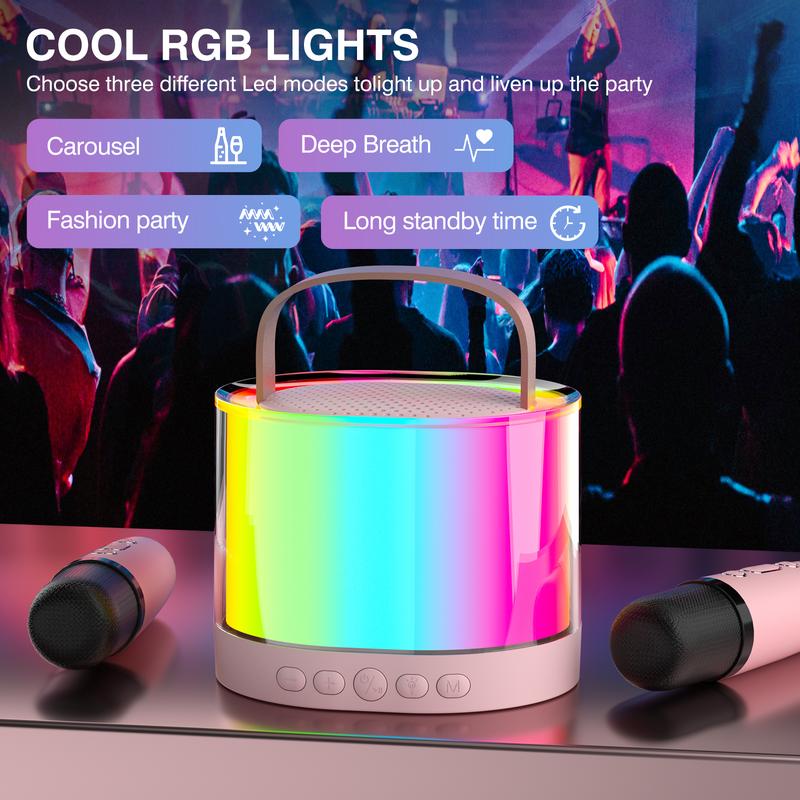 Mini karaoke machine for young and old with 2 wireless microphones, portable speakers and LED lights. Birthday gift for boys and girls aged 5-12+ years old Audio Smartphone portable bluetooth