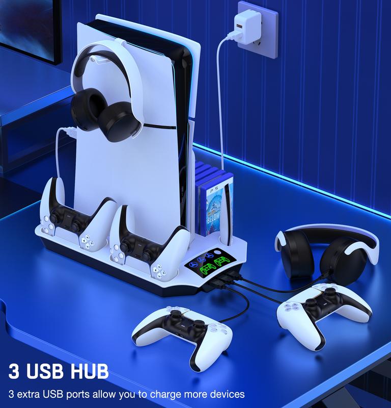 All-in-One PS5 PS5 Slim PS5 PRO Stand & Cooling Station with Dual Controller Charger, 3-Level Fan, 13-Game Holder, USB Hub & Headset Mount Accessories Console