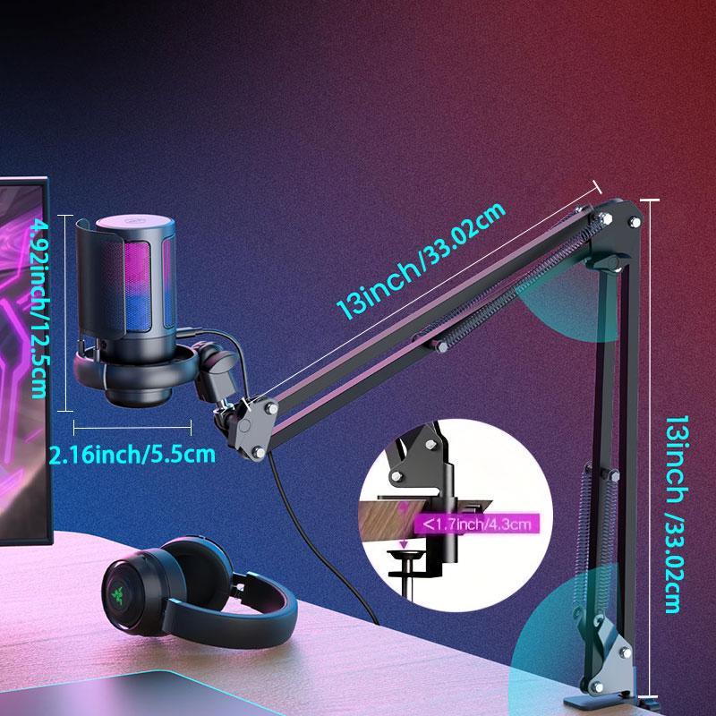 USB Condenser Microphone with Suspension Arm Stand, RGB Lighting Microphone, Quick Mute Button Microphone for Podcast Video, Streaming, Audio Accessories