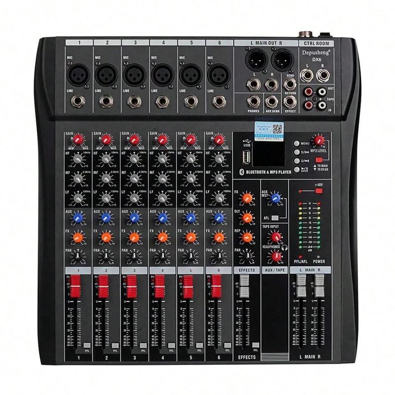 6 Channel Audio Mixer Sound Mixing Console With USB, PC Recording Input, XLR Microphone Jack, 48V Power, RCA Input Output For DJ Studio Streaming Stage Perfomance For Professional And Beginners