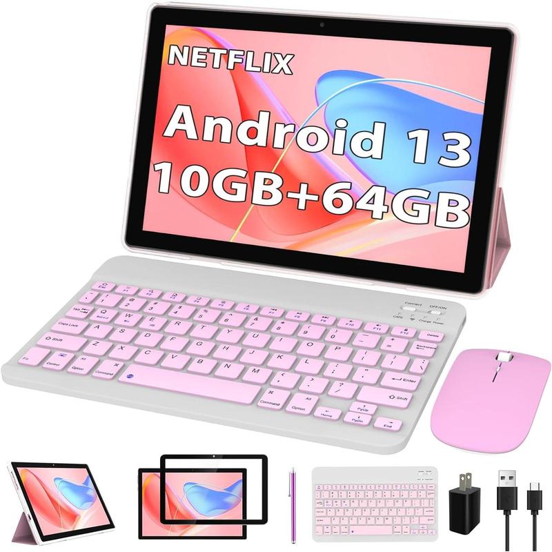 Android 13 Tablet, 10.1 inch 10GB RAM+64GB ROM Tablet, 2 in 1 Tablets with Keyboard Case Mouse Stylus, 1.8GHz Quad-core Processor, 1280*800 HD Touch Screen, 8MP Camera, 2.4G 5G Wi-Fi 6, BT Tableta PC unlocked smartphone