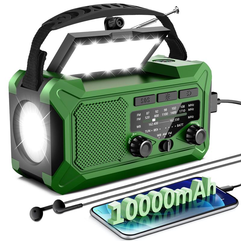 10000mAh Emergency Hand Crank Radio with LED Flashlight, AM FM NOAA Portable Weather Alert Radio, Solar Powered Radio with Phone Charger, USB Charged, Headphone Jack, SOS Alarm, Compass for Outdoors Audio Button Rechargeable Mobile hamradio