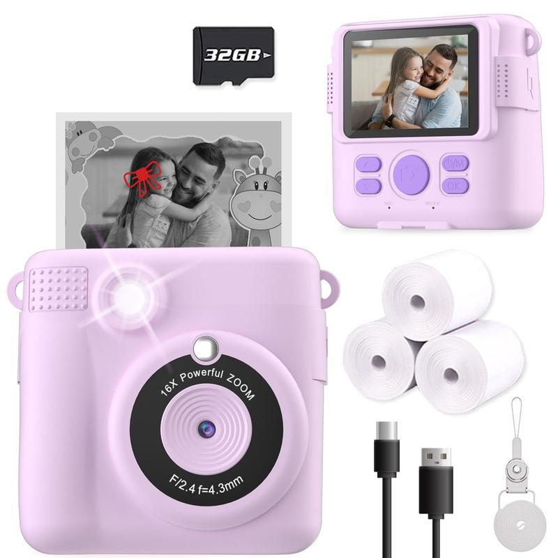 Kids Instant Print Camera - HD Digital Video, 32GB SD Card, Christmas & Birthday Gift for Girls & Boys (Ages 4-10) - Purple