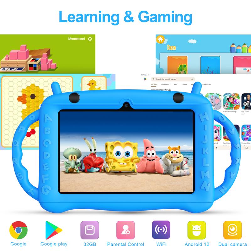 7-inch Kids Tablet with Bluetooth, Parental Lock, WiFi, GMS, Dual Camera, Shockproof Case, Educational Features, Games. Screen Cellphone Smartphone