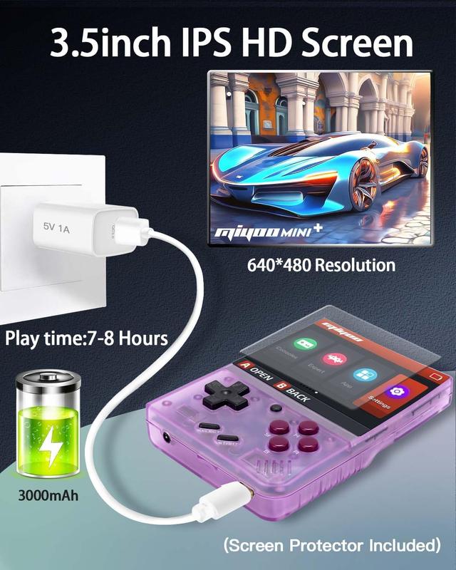 Miyoo Mini Plus,Retro Handheld Game Console with 64G TF Card,Support 10000+Games,3.5-inch Portable Rechargeable Open Source Game Console Emulator with Storage Case.(Purple) Compact Charging Lithium Screen Protection