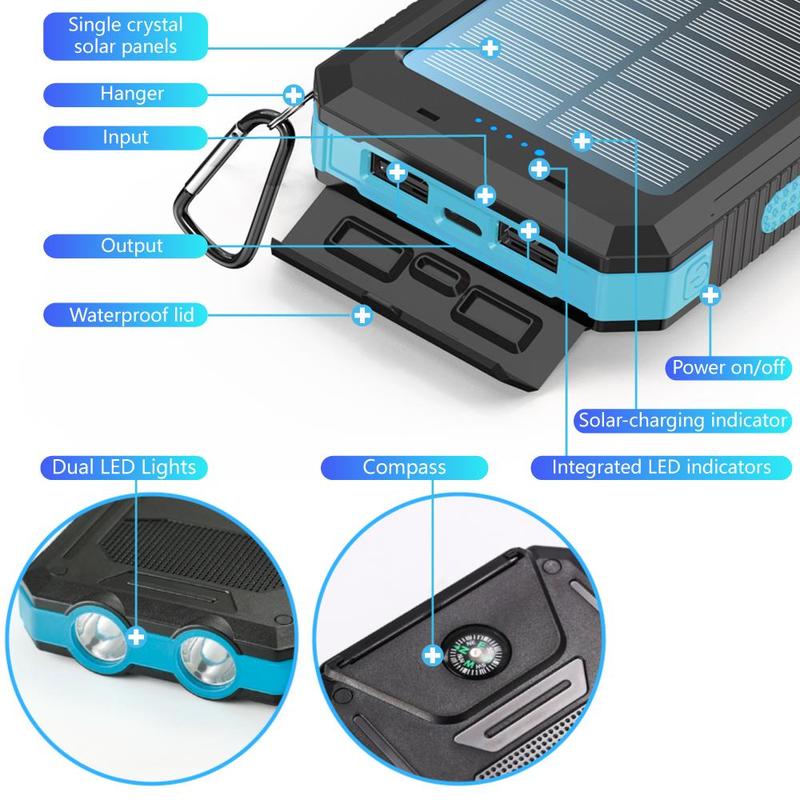 Portable Solar Powered Power Bank, 10000mAh Solar Charger with LED Flashlight, Outdoor Backup Power Charger, Power Bank with Buckle Compass