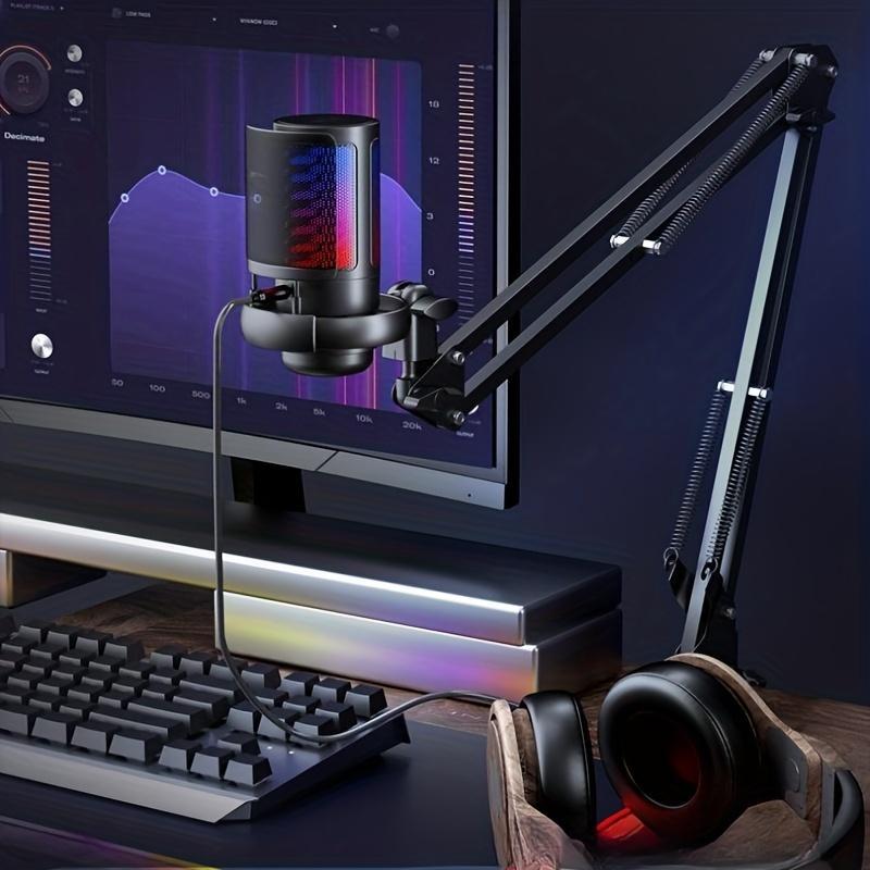 USB Condenser Microphone with Suspension Arm Stand, RGB Lighting Microphone, Quick Mute Button Microphone for Podcast Video, Streaming, Audio Accessories