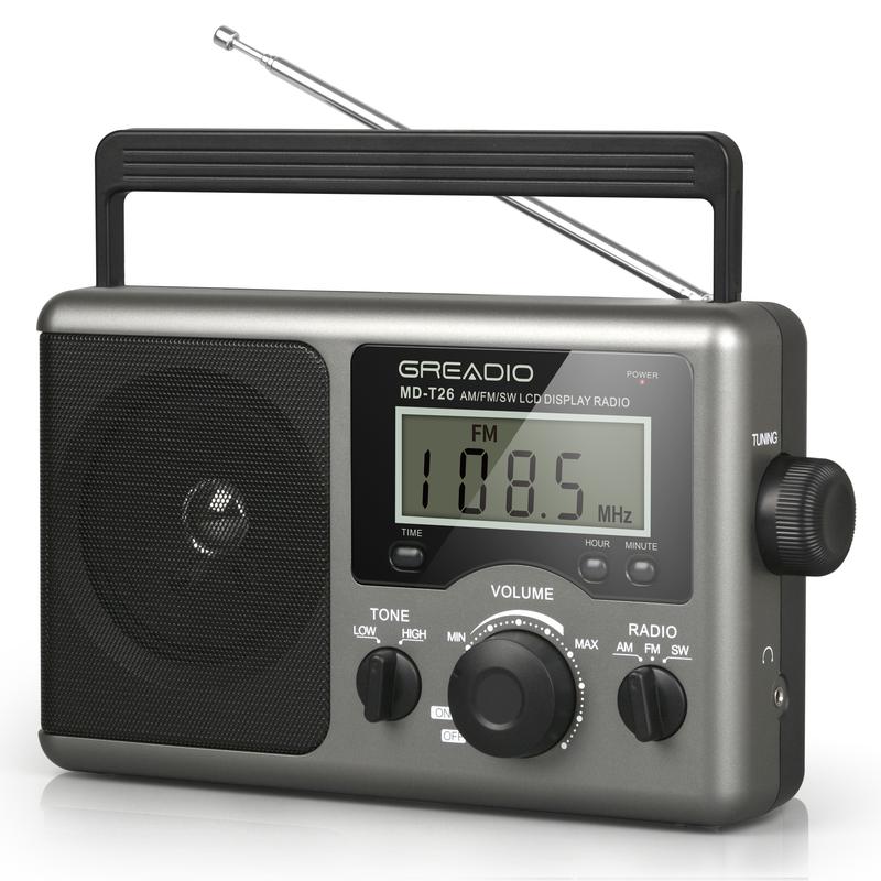 Greadio Portable Shortwave Radio with Best Reception,AM FM Transistor,LCD Display,Time Setting,Battery Operated by 4 D Cell Batteries or AC Power,Big Speaker,Earphone Jack for Gift,Elder,Home