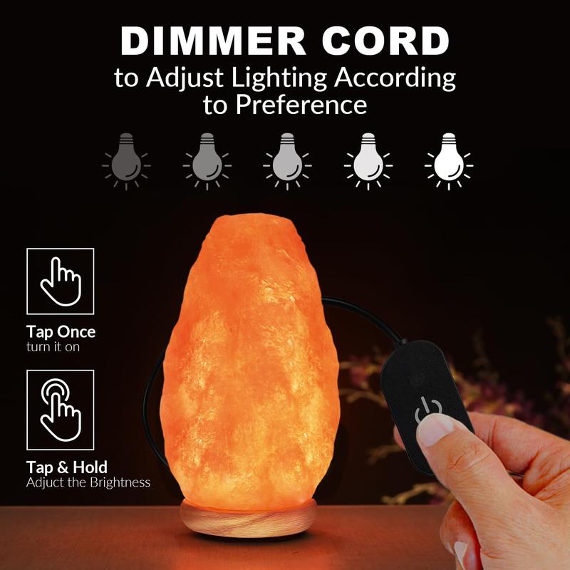 WBM USB Himalayan Salt Lamp with Touch Dimmer Control, Wooden Base, LED Bulb, 5-7lbs Cable Lights