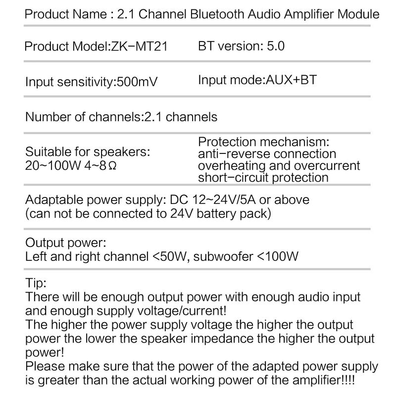 ZK-MT21 2.1 Channel Digital Amplifier Module, BT5.0 & AUX Input High & Low Bass Speaker, Audio Conversion Tool, Perfect Conversion Tool Accessories