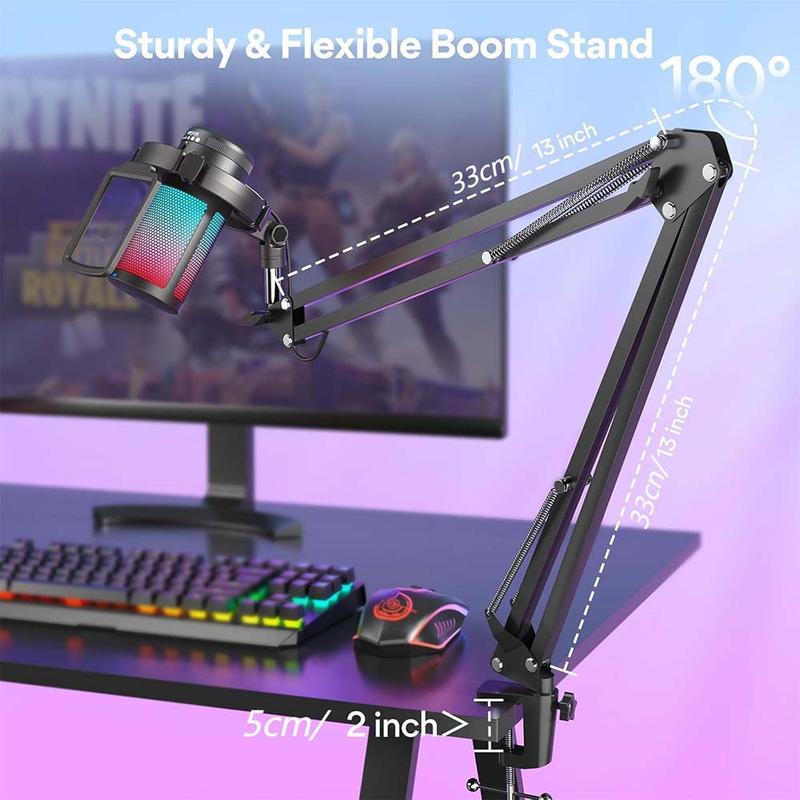 Gaming USB Microphone Set for PC, Condenser Mic with RGB Light & Hanging Arm Stand, Pop Filter, Shock Mount, Noise Cancellation, Mute, Gain, Monitoring, for Streaming, Podcast, Twitch, YouTube, Discord, PC, Computer, PS4, PS5, Mac, GamerWave