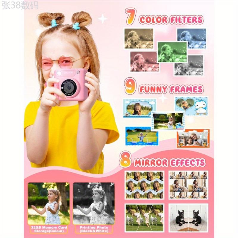 Kids Camera Instant Print, 12MP 1080P Digital Camera for Kids Age 3-12, Christmas Birthday Gifts for 4 5 6 7 8 9 10 Year Old Girls Boys, 32GB Toddler HD Video Camera Print Photos Portable Toy Charging Rechargeable