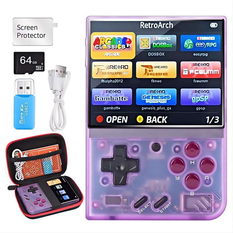 Miyoo Mini Plus,Retro Handheld Game Console with 64G TF Card,Support 10000+Games,3.5-inch Portable Rechargeable Open Source Game Console Emulator with Storage Case.(Purple) Compact Charging Lithium Screen Protection